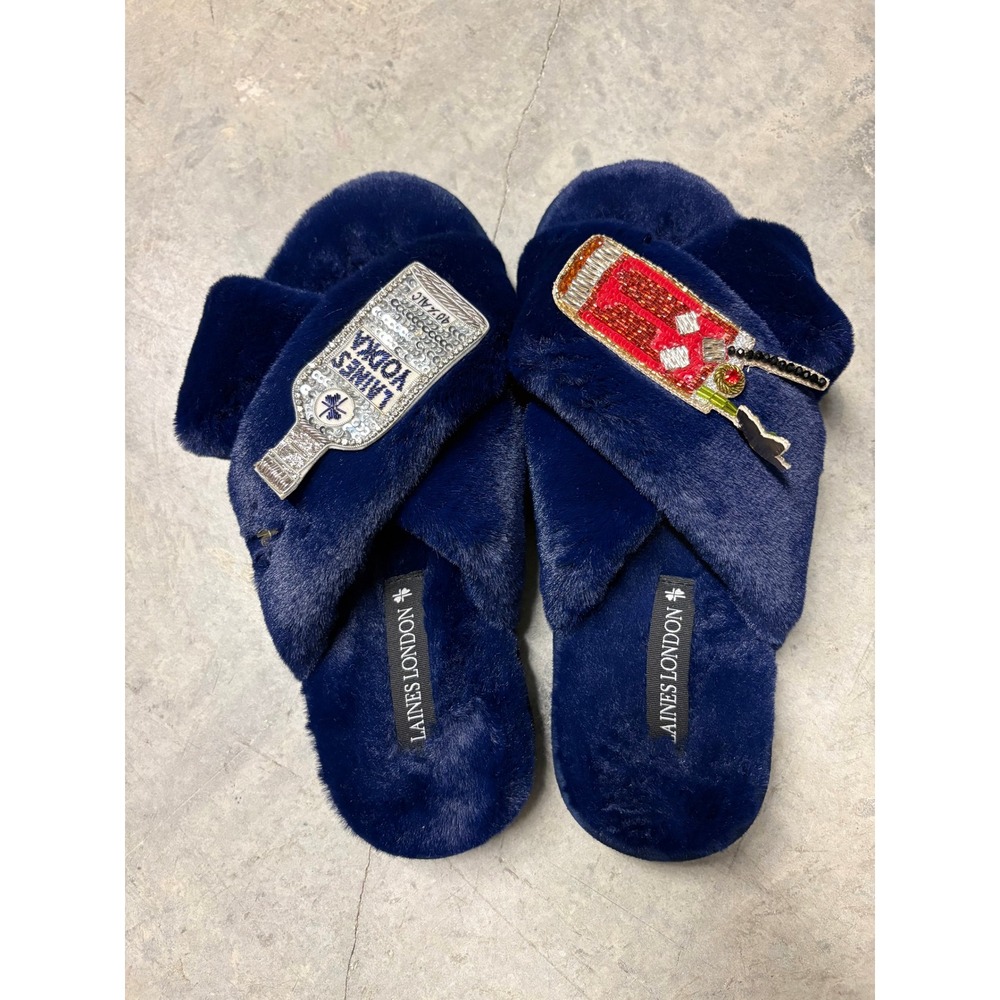 Laines London Navy Blue Faux Fur Slippers Vodka Cocktail Brooch Slides Large